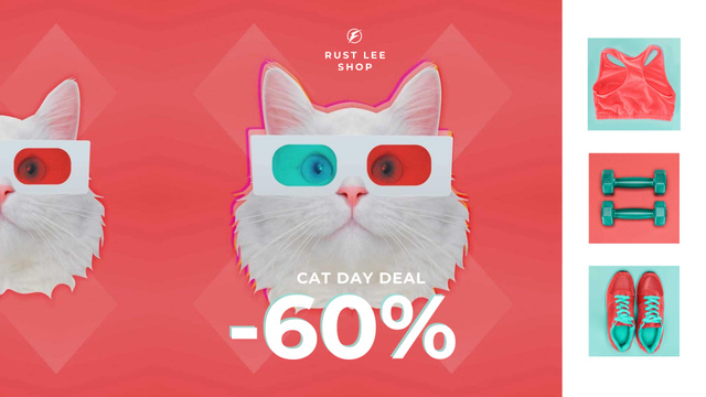 Cat Day Deal Funny Cat in 3D Glasses Full HD video Design Template