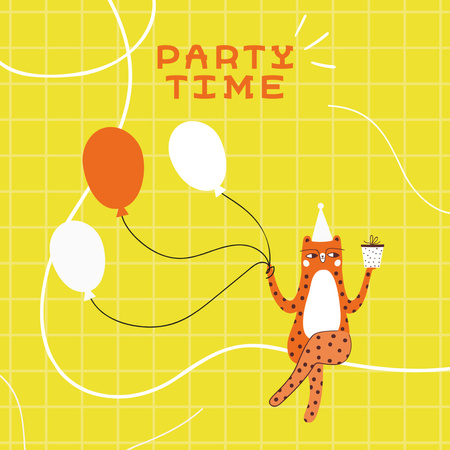 Designvorlage Partytime-Ankündigung mit lustiger Katze mit Luftballons und Kuchen für Instagram