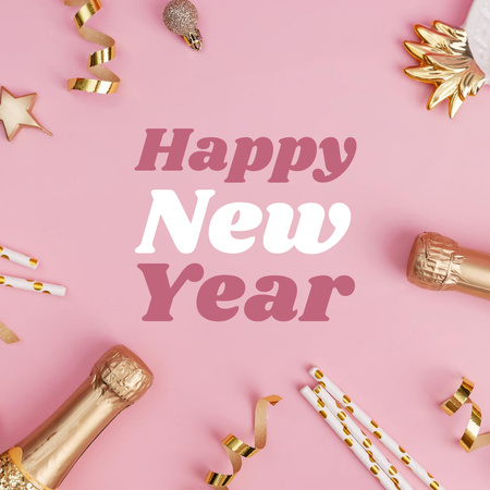 Happy New Year with Champagne and Decoration Instagram Tasarım Şablonu