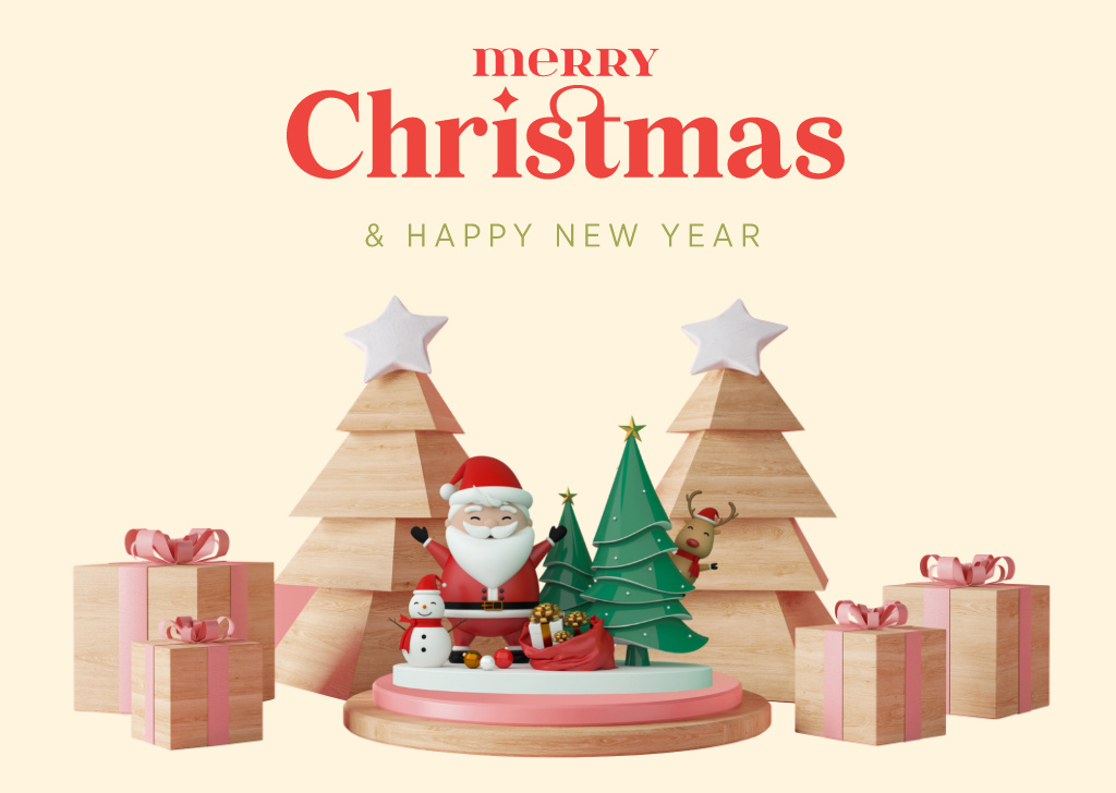 Christmas and New Year Wishes with 3d Illustration Card Tasarım Şablonu