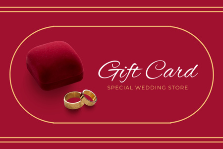 Esküvői bolt hirdetése arany gyűrűkkel a piros díszdoboz közelében Gift Certificate tervezősablon