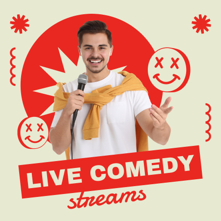Plantilla de diseño de Anuncio de transmisiones de comedia en vivo con un hombre sonriente Podcast Cover 