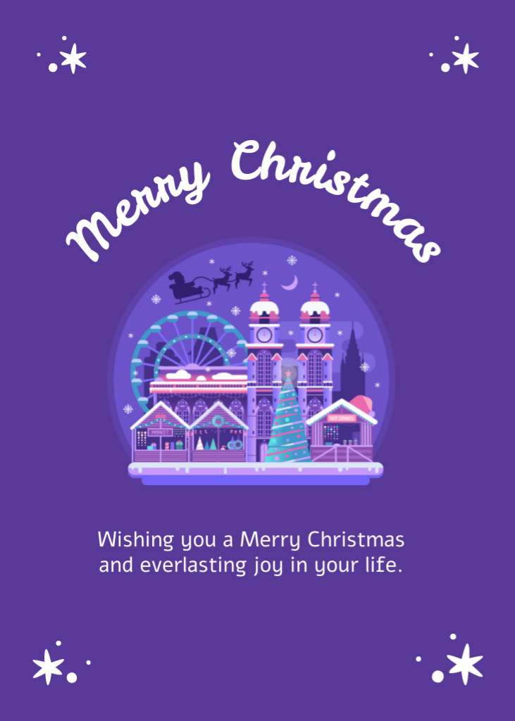 Modèle de visuel Christmas Holiday Wishes with Winter Town in Violet - Postcard 5x7in Vertical