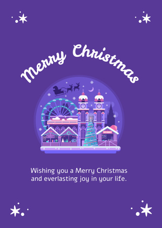 Christmas Wishes with Winter Town in Violet Postcard 5x7in Vertical Design Template