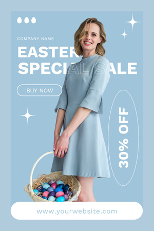 Ontwerpsjabloon van Pinterest van Pasen Sale met lachende vrouw met mand met gekleurde eieren