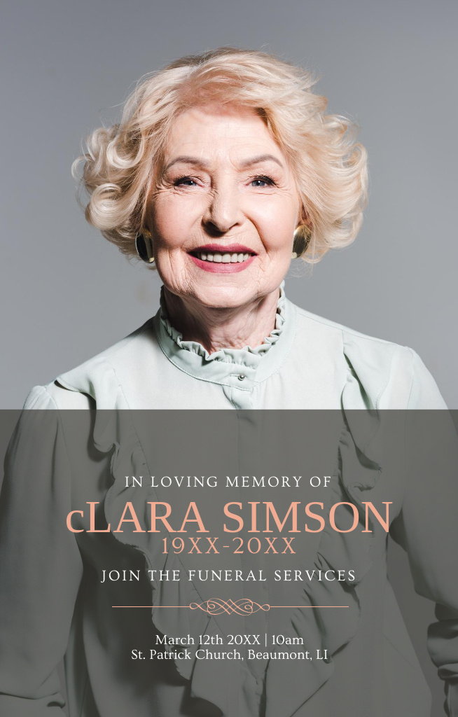Ontwerpsjabloon van Invitation 4.6x7.2in van Funeral Service Announcement with Photo of Old Lady on Grey