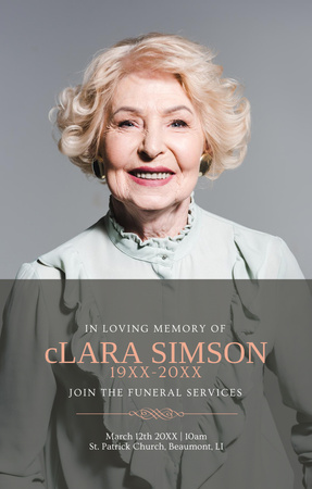 Modèle de visuel Annonce de service funéraire avec photo de la vieille dame sur fond gris - Invitation 4.6x7.2in