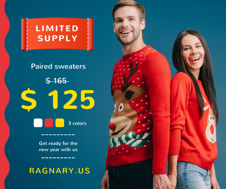 Template di design New Year Offer Couple in Sweaters with Deer Facebook
