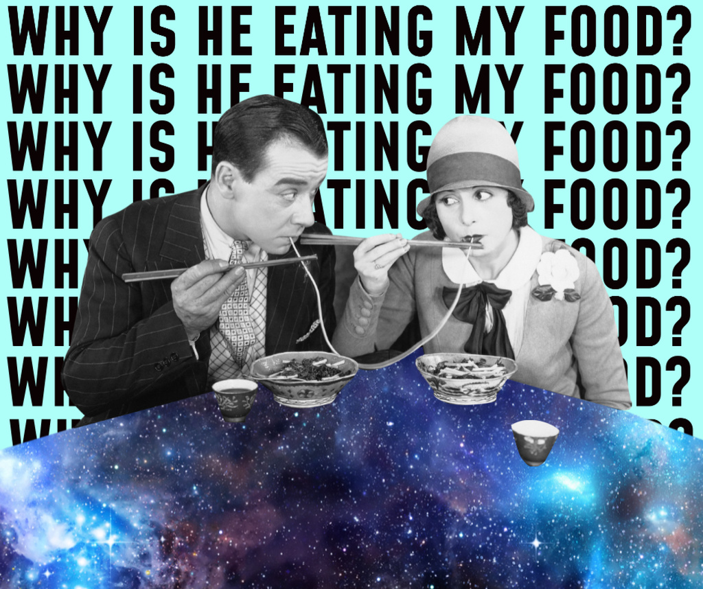 Funny Couple eating Spaghetti on Cosmic Table Facebook Design Template