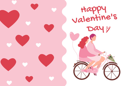 Happy Valentine's Day Greetings with Couple in Love on Bicycle Thank You Card 5.5x8.5in Design Template