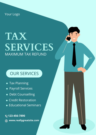 Κατάλογος φορολογικών υπηρεσιών με εικονογράφηση επιχειρηματία Flayer Πρότυπο σχεδίασης