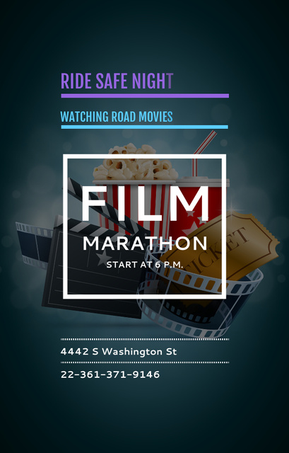 Plantilla de diseño de Film Marathon Night Ad with Popcorn Invitation 4.6x7.2in 