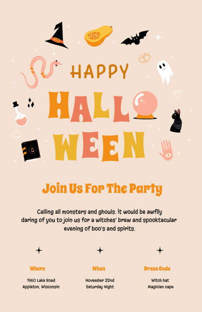 Plantilla de diseño de Halloween Party Announcement With Bright Holiday Attributes Invitation 5.5x8.5in 