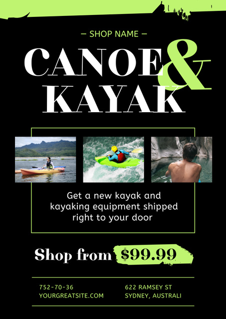 Top-notch Canoe and Kayak Sale Offer on Black Poster B2 Modelo de Design