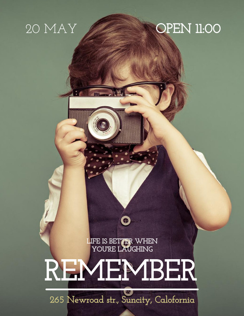 Designvorlage Motivational Quote with Cute Little Boy with Camera on Green für Flyer 8.5x11in
