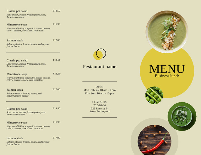 Modèle de visuel Dishes List With Lunch And Soups - Menu 11x8.5in Tri-Fold