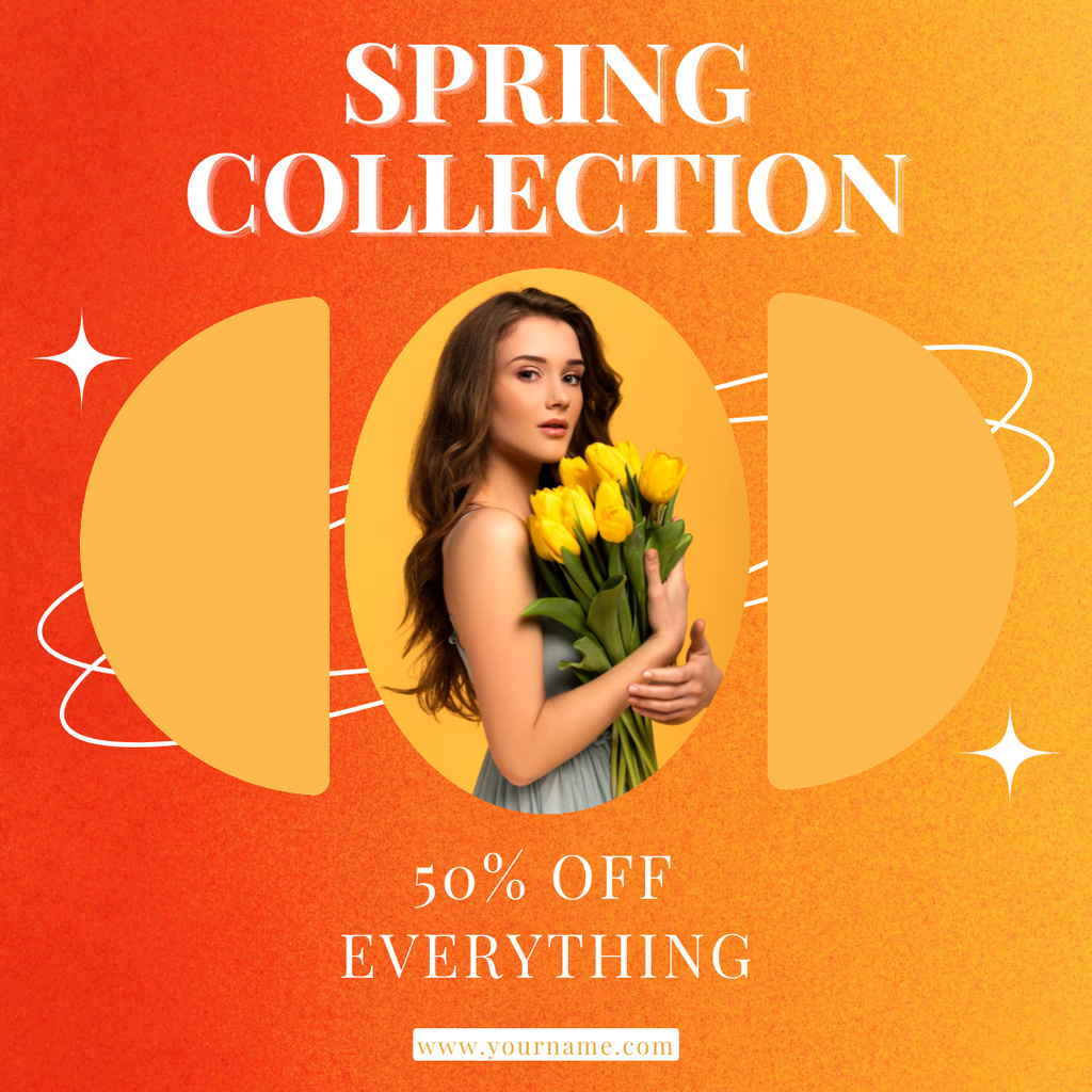 Spring Sale with Young Woman with Tulips on Orange Gradient Instagram AD Modelo de Design