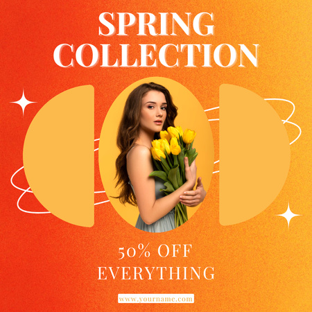 Designvorlage Frühlingsverkauf mit junger Frau mit Tulpen auf orangefarbenem Farbverlauf für Instagram AD