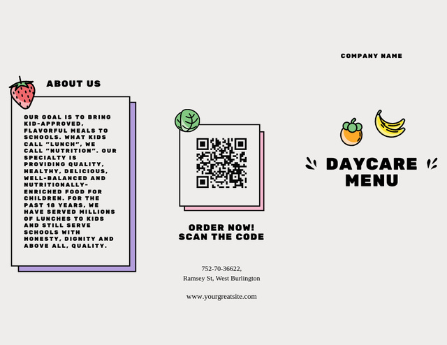 Daycare Menu For Kids With Description Menu 11x8.5in Tri-Fold tervezősablon