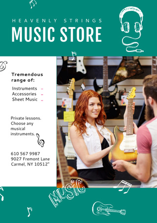 Music Store Ad with Woman selling Guitar Flyer A4 Tasarım Şablonu