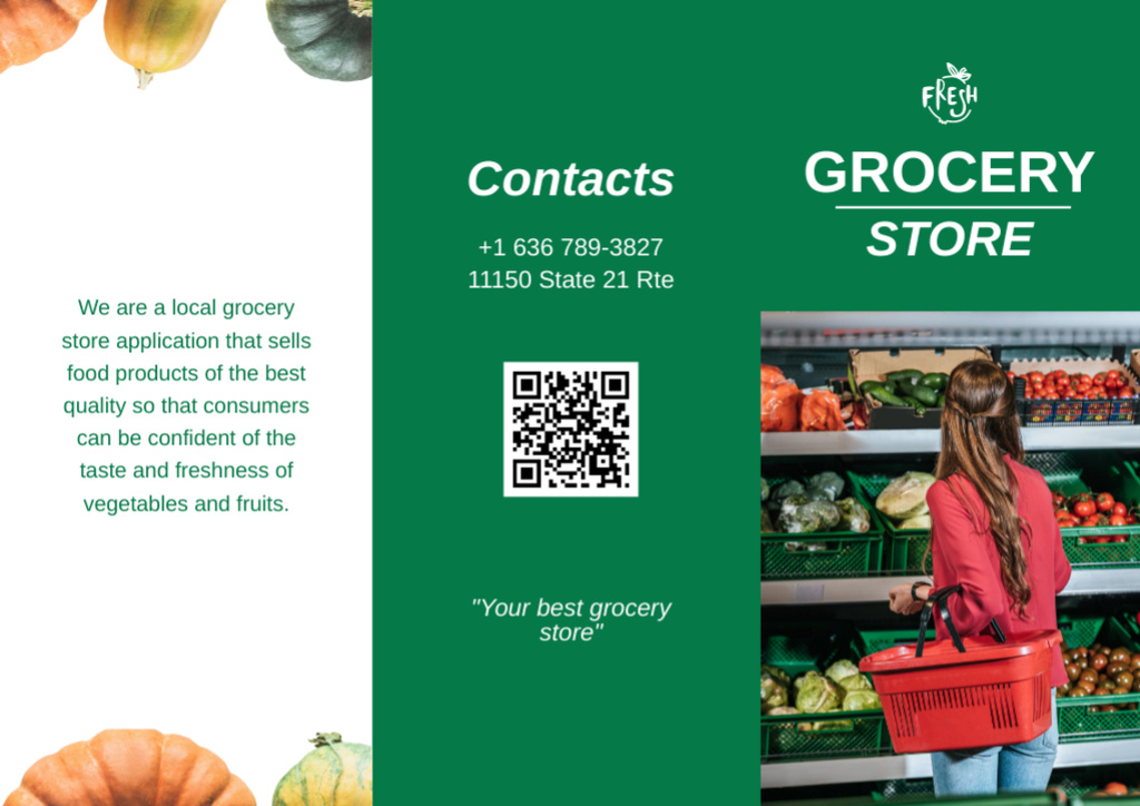 Local Grocery With Application And Qr-Code Brochure Modelo de Design