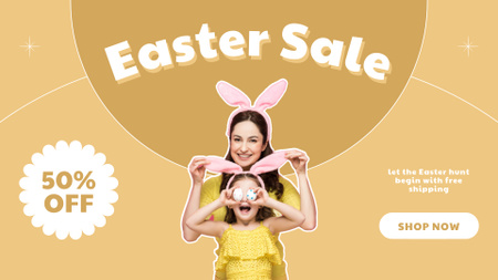Easter Sale Ad with Fun Child and Mother in Rabbit Ears FB event cover Design Template