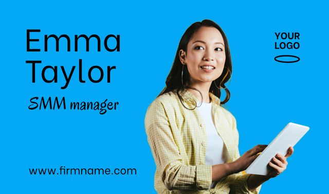 Designvorlage SMM Manager Services Offer with Businesswoman für Business card
