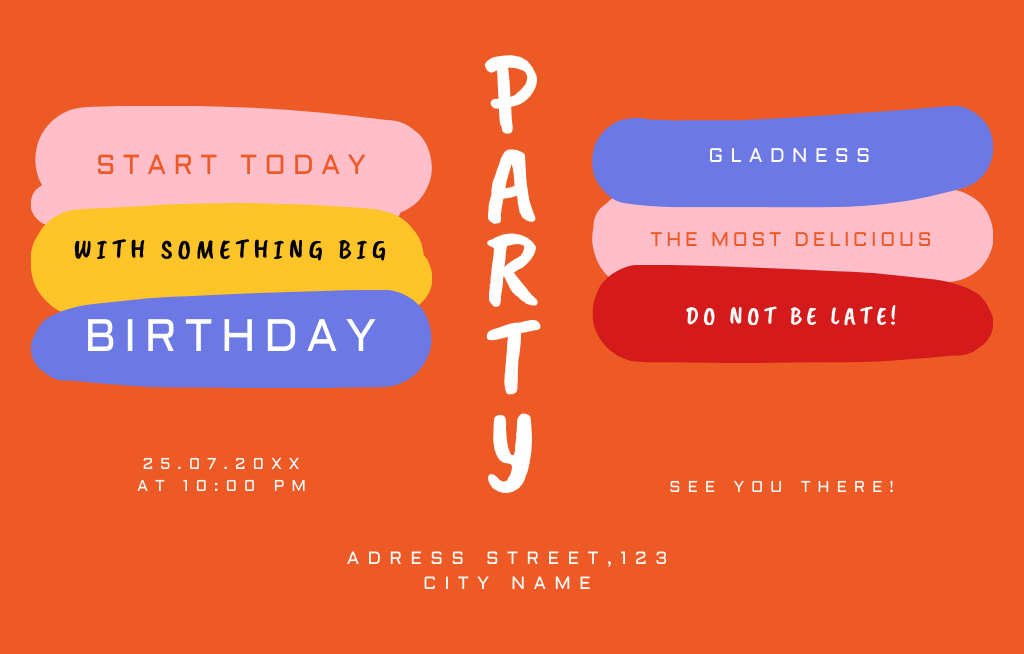 Designvorlage Birthday Party Bright Announcement für Invitation 4.6x7.2in Horizontal