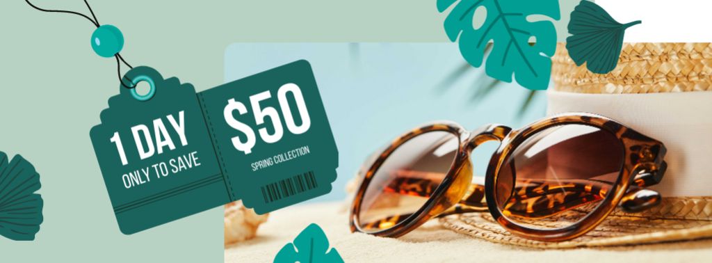 Spring Collection Annoucement with sunglasses and straw hat Facebook cover Design Template