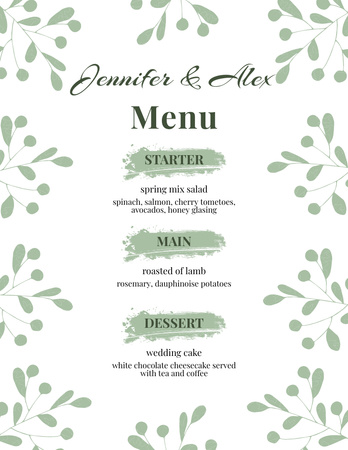 Watercolor Leaves on Background of Wedding Dishes List Menu 8.5x11in Design Template