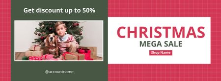 Modèle de visuel Christmas Big Sale Child and Dog Surrounded by Presents - Facebook cover