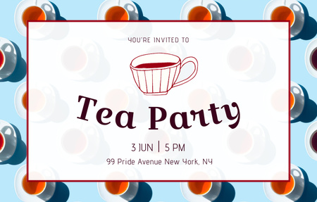 Friendly Tea Party Announcement With Cup Pattern Invitation 4.6x7.2in Horizontal Design Template