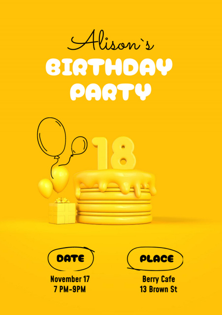 Birthday Party Invitation with Bright Yellow Festive Cake Flyer A7 Design Template