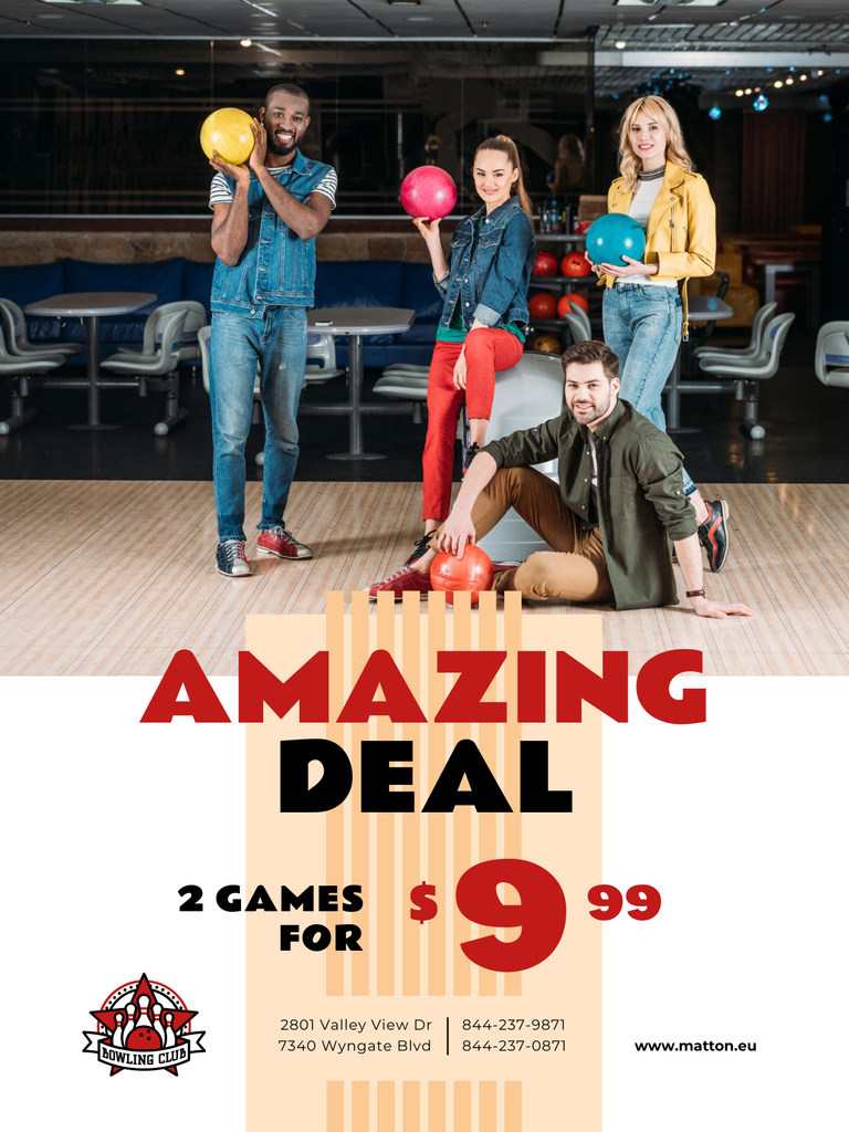 Bowling Offer with People with Balls Poster US Design Template