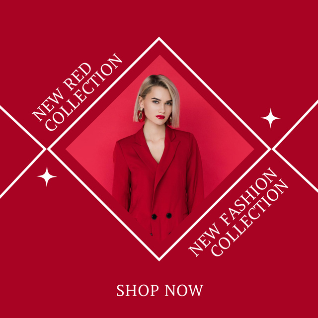 New Red Clothing Collection with Elegant Woman in Jacket Instagram Šablona návrhu