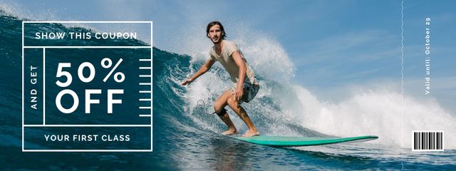 Platilla de diseño Surfing Classes Offer with Man on Surfboard Coupon