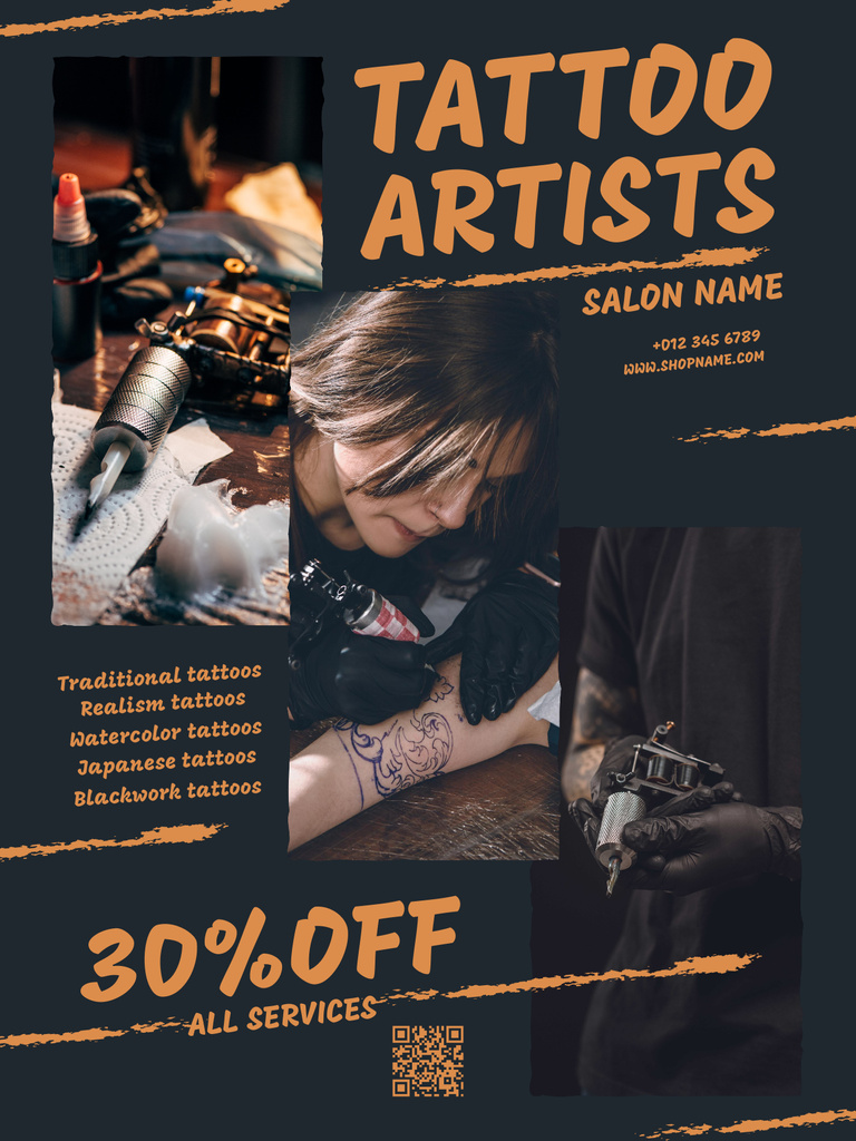 Tattoo Artists With All Services And Discount Poster US Design Template