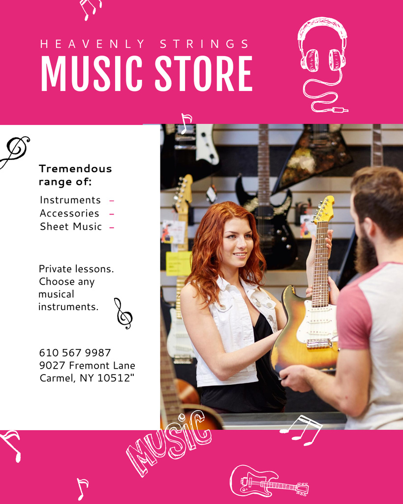 Tranquil Music Store Promotion with Seller Showing Guitar Poster 16x20in Design Template