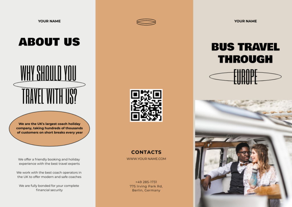 Budget-friendly Bus Travel Tours Offer Brochure Modelo de Design