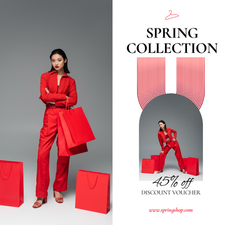 Designvorlage Spring Sale mit Frau in Rot für Instagram