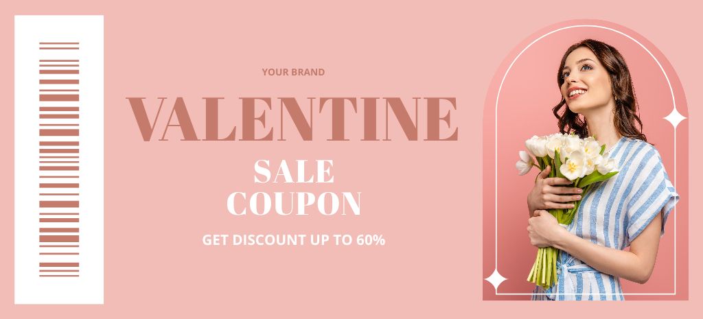 Valentine's Day Discount Offer with Woman with Tulip Bouquet Coupon 3.75x8.25in Design Template
