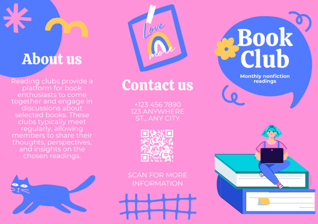 Book Club Ad with Woman sitting on Books Brochureデザインテンプレート