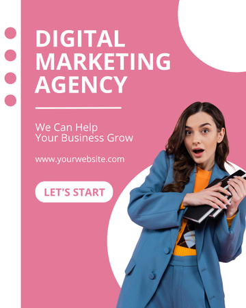 Digital Marketing Agency Services with Brunette in Blue Instagram Post Vertical Šablona návrhu