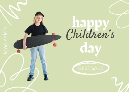 Little Girl with Skateboard on Children's Day Card Design Template