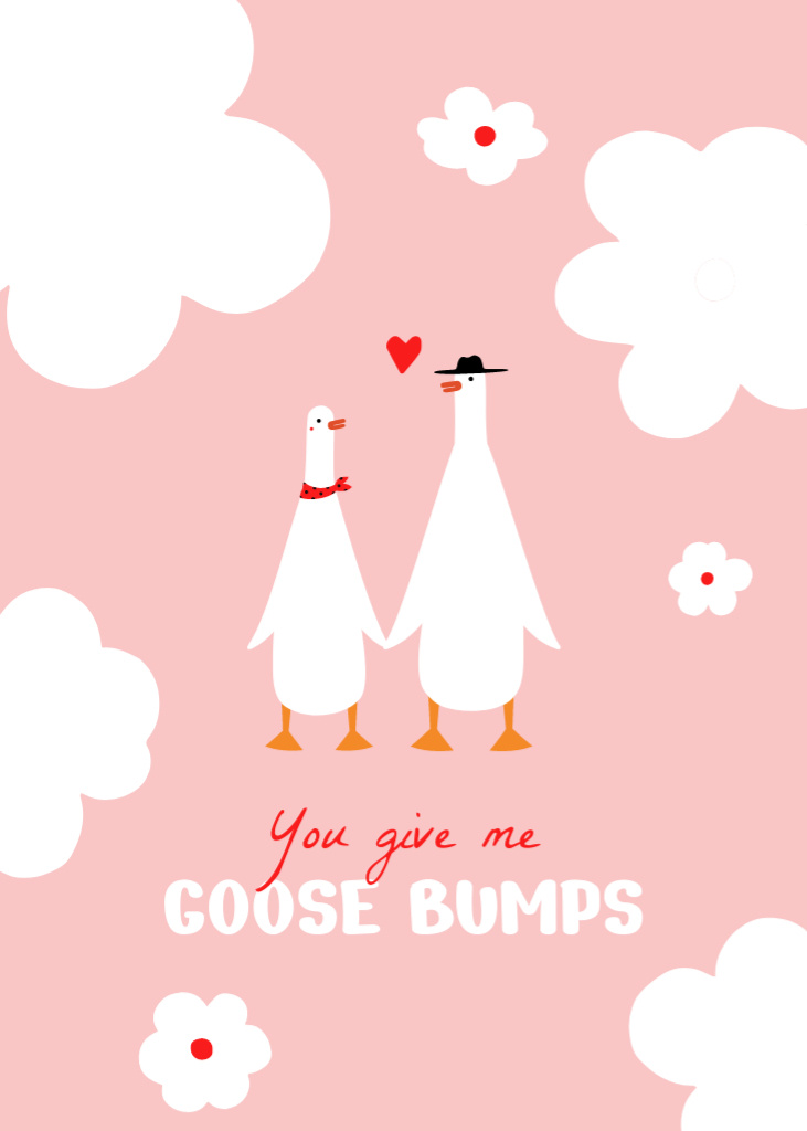 Plantilla de diseño de Love Phrase With Cute White Gooses Couple Postcard 5x7in Vertical 