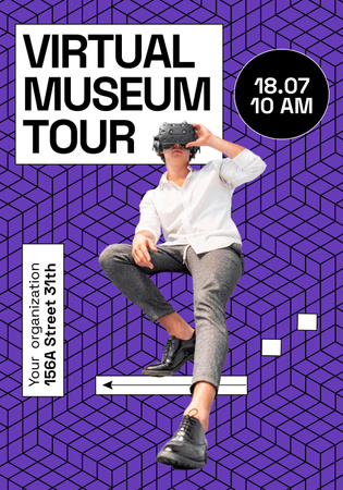 Plantilla de diseño de Anuncio de visita virtual al museo con un hombre con un patrón morado Poster 28x40in 