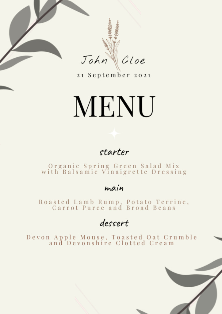 Minimalist Wedding Food List Illustrated with Plants Menu Modelo de Design