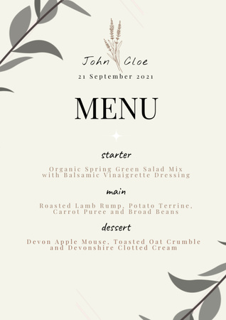 Lista minimalista de comida para casamento ilustrada com plantas Menu Modelo de Design