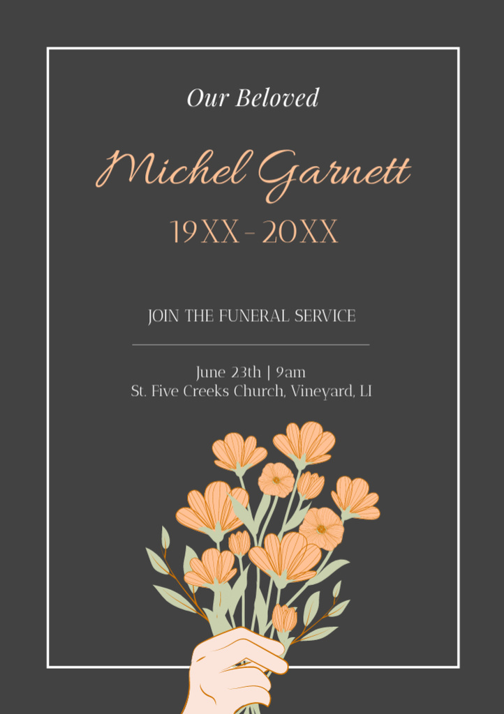 Platilla de diseño Funeral Ceremony Announcement with Flowers Bouquet in Hand Postcard A5 Vertical