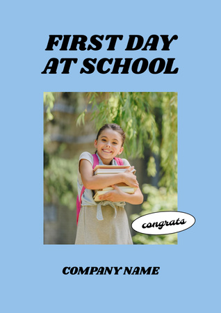 Back to School with Cute Pupil Girl with Backpack Poster Design Template